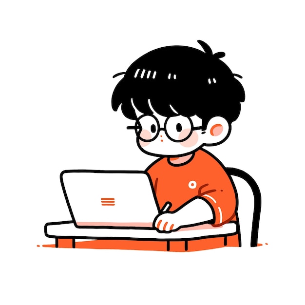 Vector leuke cartoon boy werkt op een laptop minimalistische vector illustratie