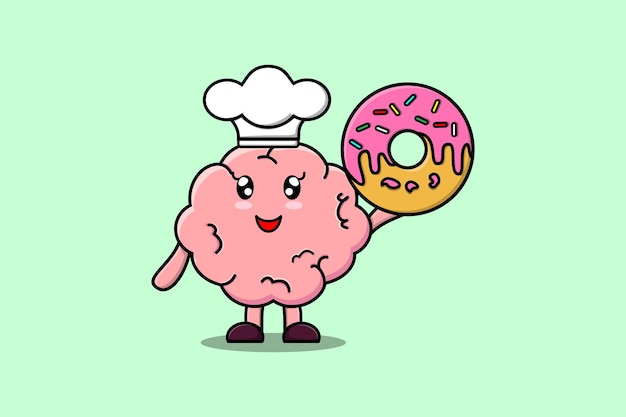 Leuke cartoon brain chef karakter donuts in platte cartoon stijl illustratie