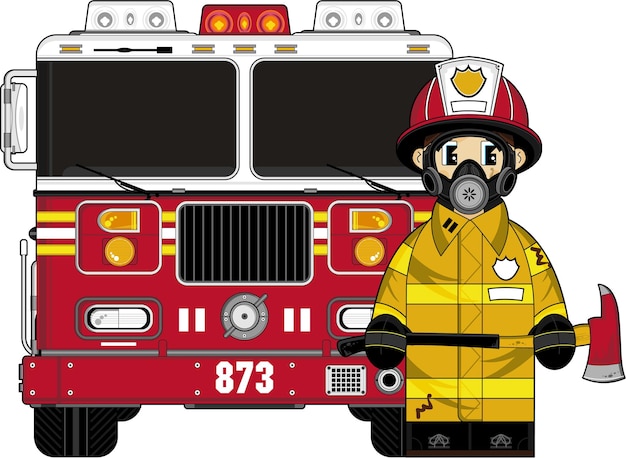 Leuke cartoon brandweerman in masker met brandweerwagen hulpdiensten illustratie