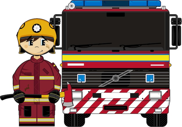 Leuke cartoon Britse brandweerman met brandweerwagen hulpdiensten illustratie