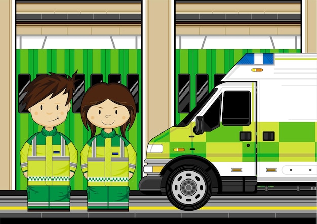 Leuke cartoon Britse paramedici met ambulance buiten het ziekenhuis