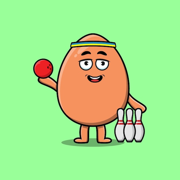 Leuke cartoon bruin schattig ei bowling spelen