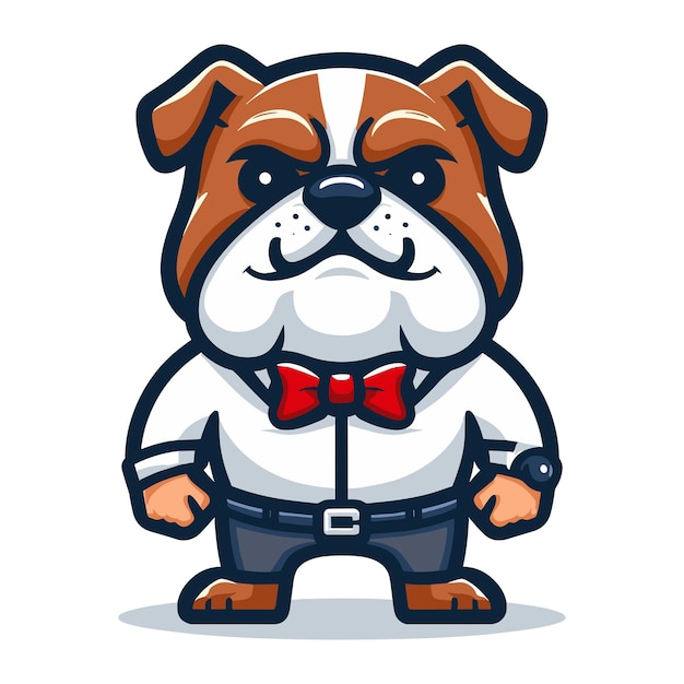 Leuke cartoon bulldog puppy in witte jurk mascotte karakter ontwerp vector logo sjabloon