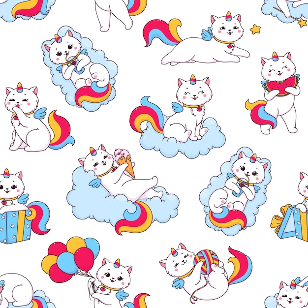 Leuke cartoon caticorn naadloze patroon achtergrond