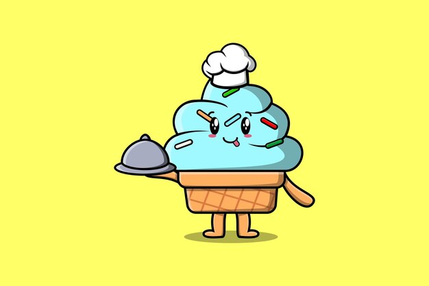 Leuke cartoon chef-kok ice cream mascotte karakter serveren eten op lade schattig stijl ontwerp illustratie