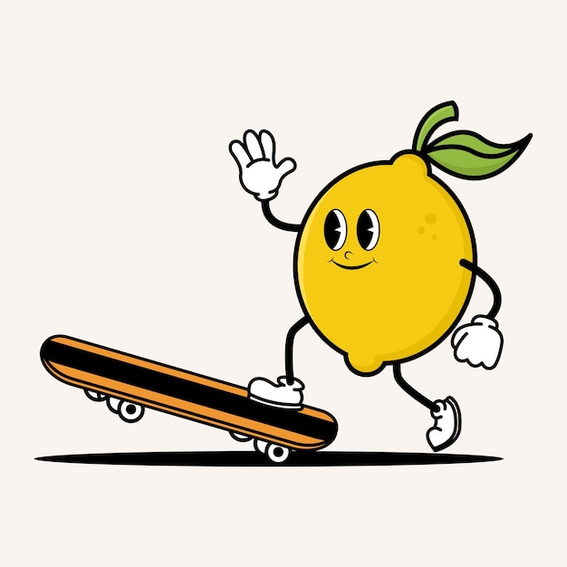 Leuke cartoon citroen mascotte karakter spelen skateboard mascotte vintage fruit illustratie concept