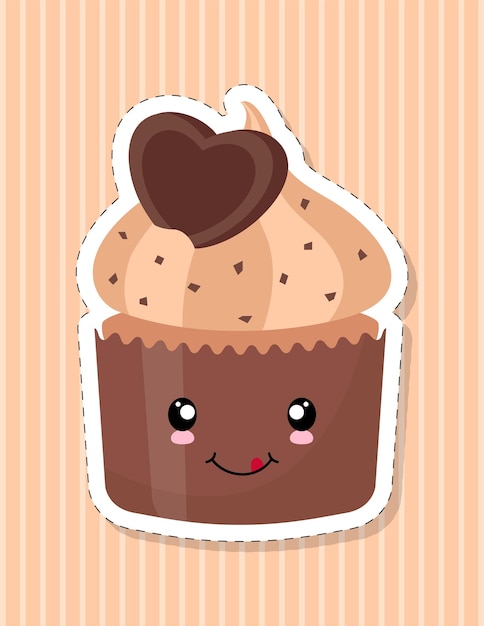 Leuke cartoon cupcake met het gezicht van de kawaiistijl. Chocoladetaart sticker. vector illustratie