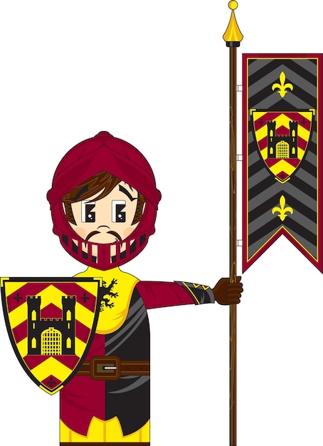 Leuke cartoon dappere middeleeuwse ridder met schild en vlag geschiedenis illustratie