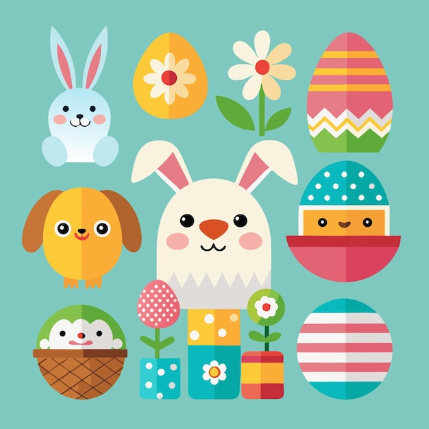 Leuke cartoon dieren eieren en bloemen vieren Pasen