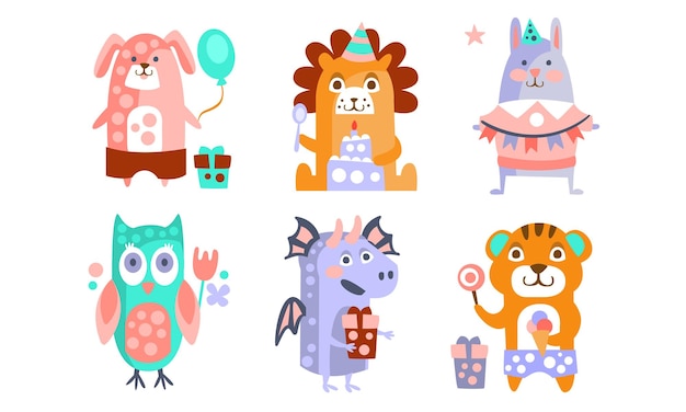 Leuke cartoon dieren personages set kinderlijke verjaardagsfeestje ontwerp hond leeuw konijn uil draak tijger