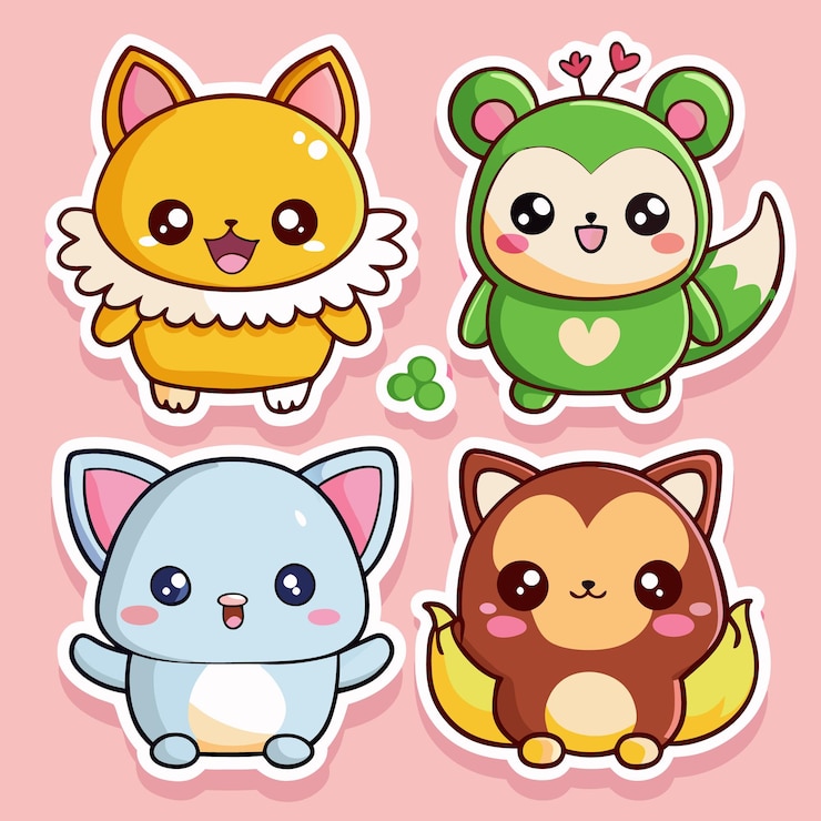 Vector leuke cartoon dieren stickers set vos aap kat en eekhoorn