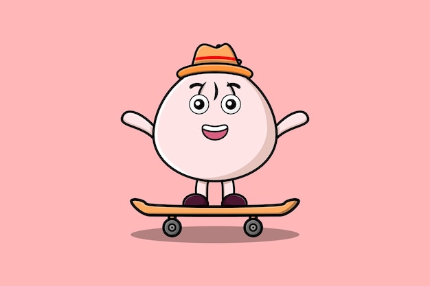 Leuke cartoon dim sum staande op skateboard met cartoon vector illustratie stijl