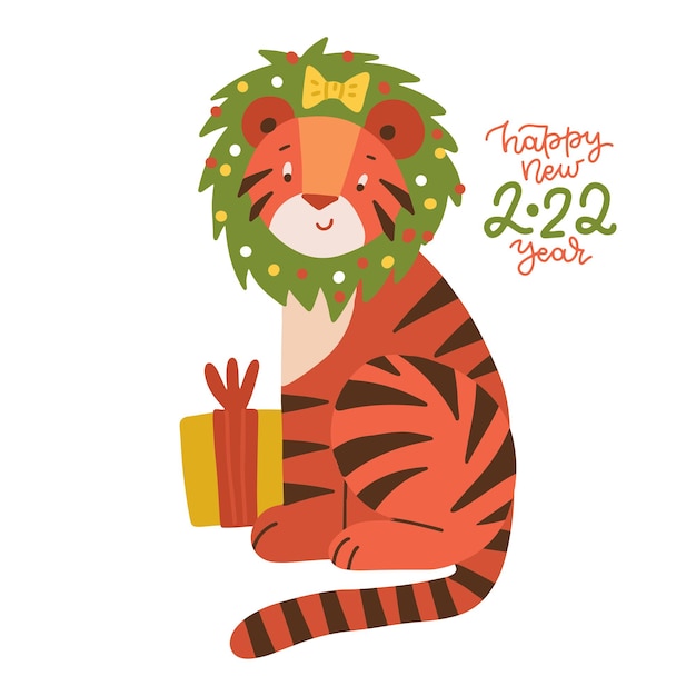 Leuke cartoon gestreepte rode tijger met geschenkdoos en kerstkrans op zijn hoofd grappige baby tijger sym...