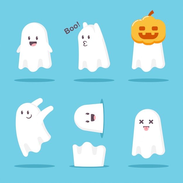 Leuke cartoon ghost set. Halloween grappig karakter monster geïsoleerd op een witte achtergrond.