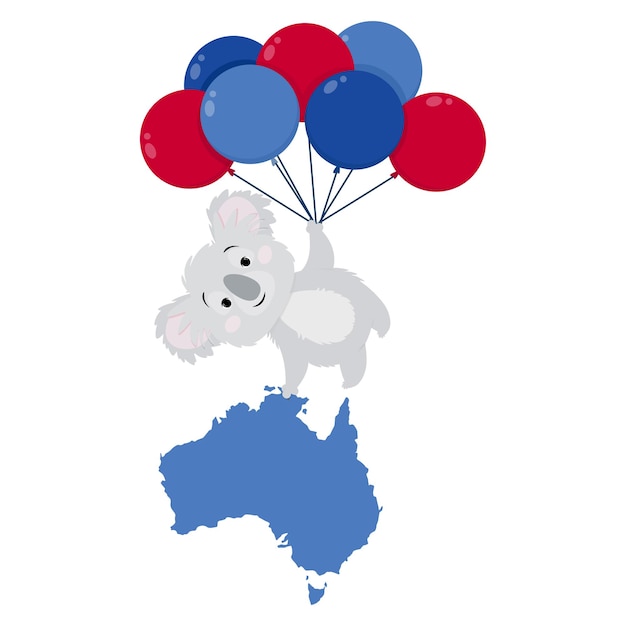 Leuke cartoon grijze koala met ballonnen met een kaart van Australië