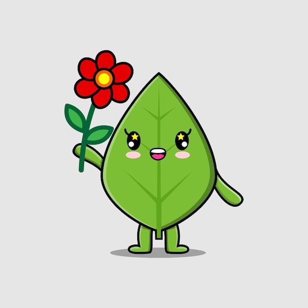 Vector leuke cartoon groen blad met rode bloem