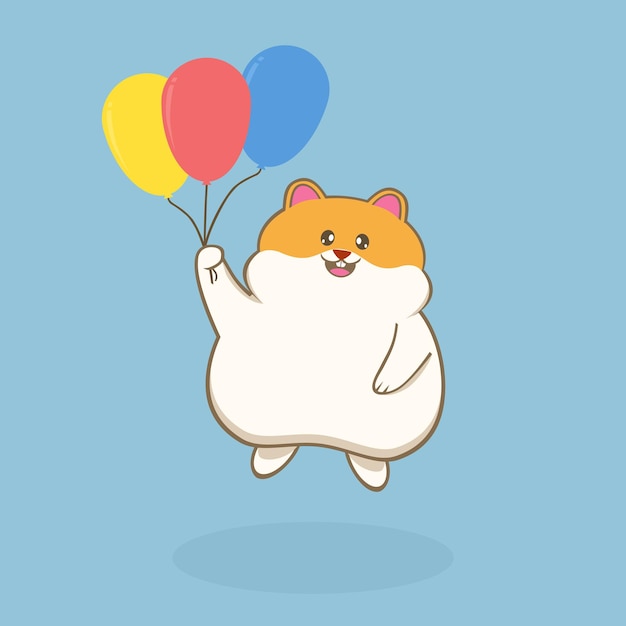 Leuke cartoon hamster vliegt hoog met ballonnen