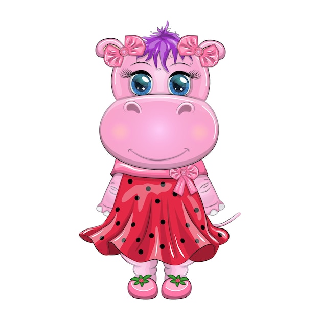 Vector leuke cartoon hippo prinses in een roze jurk met harten