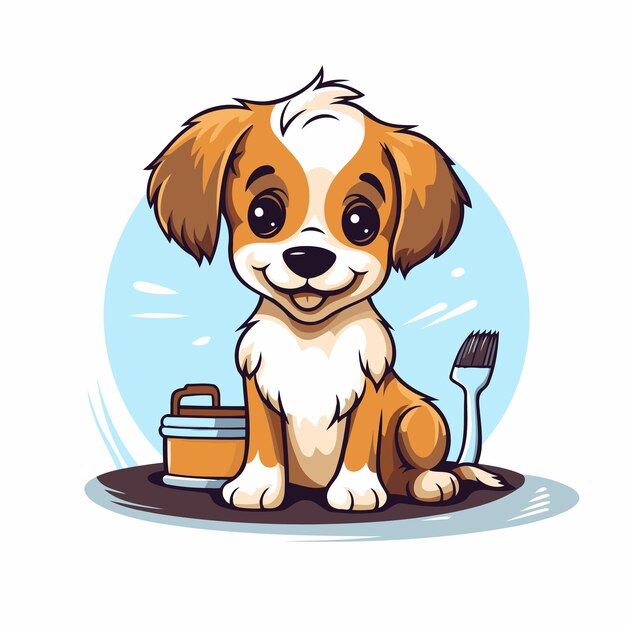 Leuke cartoon hond met een kom met eten Vector illustratie