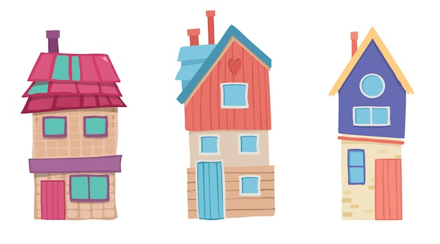 Leuke cartoon huizen collectie. Grappige kleurrijke jongen vector huis set.