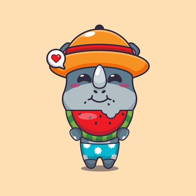 Vector leuke cartoon illustratie van een neushoorn die verse watermeloen eet leuke cartoon illustratie van een zomer