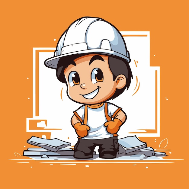 Leuke cartoon jongen bouwvakker op oranje achtergrond Vector illustratie