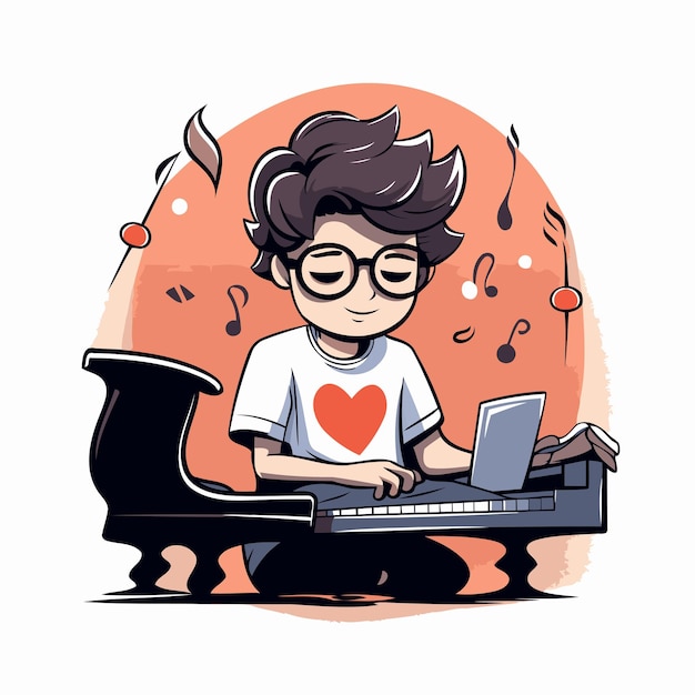 Vector leuke cartoon jongen die piano speelt vector illustratie in een platte stijl