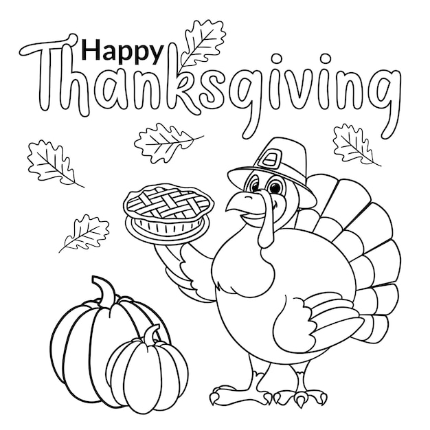 Leuke cartoon kalkoen met een pelgrimshoed wenst een gelukkige Thanksgiving-dag geschetst voor de kleurplaat op witte achtergrond