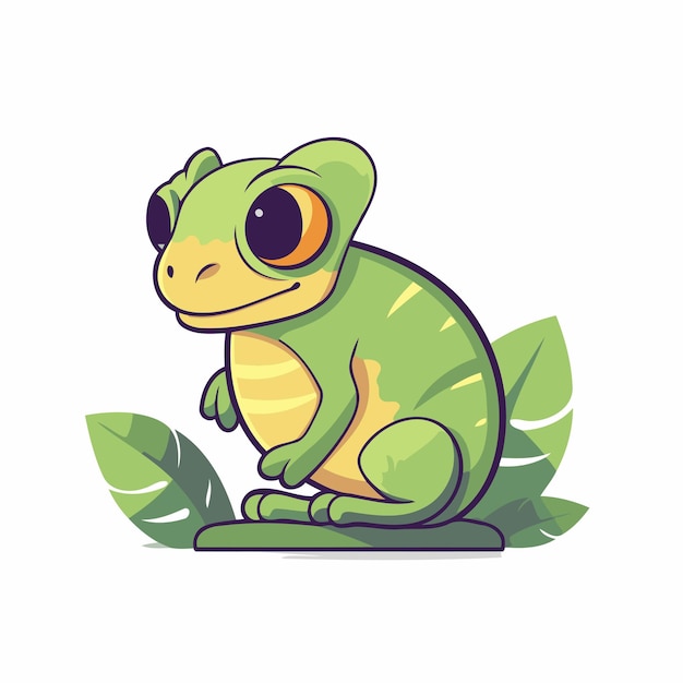 Leuke cartoon kameleon die op groene bladeren zit Vector illustratie