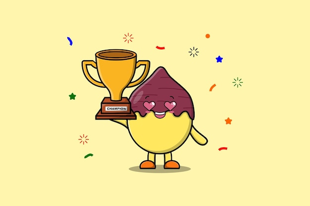Leuke Cartoon karakter illustratie van Zoete aardappel houdt de gouden trofee in illustratie