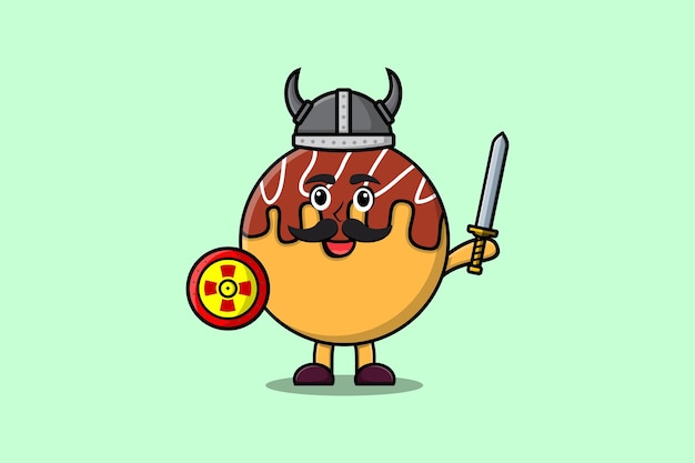 Leuke cartoon karakter Takoyaki viking piraat met hoed en met zwaard en schild illustratie