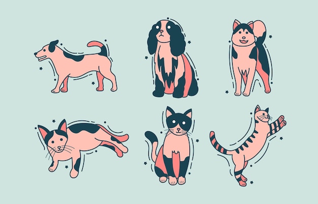 Leuke cartoon kat en hond eenvoudige tattoo set