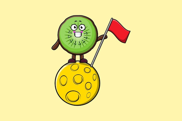 Leuke cartoon Kiwi-fruitkarakter die zich op de maan met vlag in 3d modern ontwerpillustratie bevinden