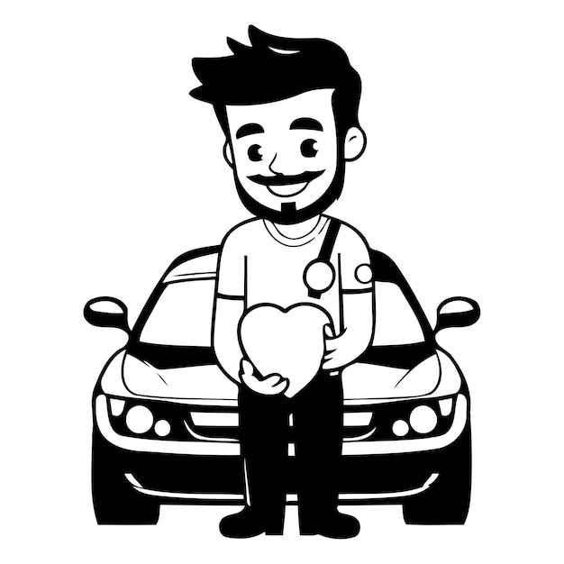 Leuke cartoon man met hart en auto Vector personage illustratie