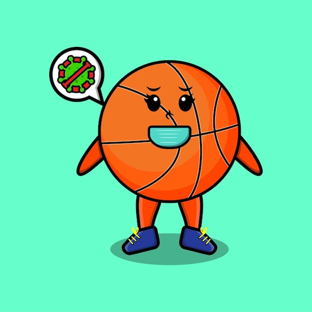 Leuke cartoon mascotte illustratie basketbal met masker om het coronavirus te voorkomen