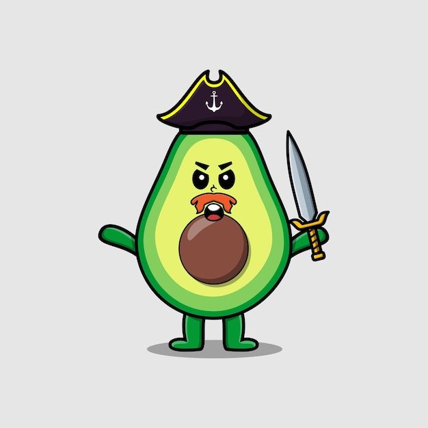 Vector leuke cartoon mascotte karakter avocado piraat met hoed en zwaard in modern design