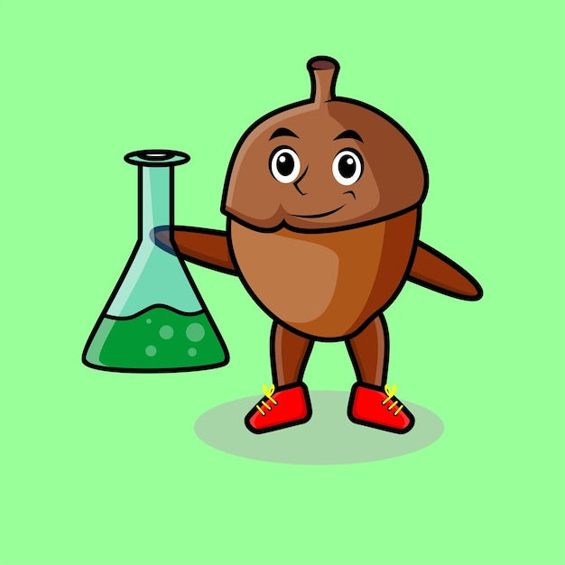 Leuke cartoon mascotte karakter eikel als wetenschapper met chemische reactie glas