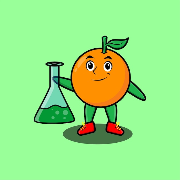 Leuke cartoon mascotte karakter oranje als wetenschapper met chemisch reactieglas in schattige moderne stijl