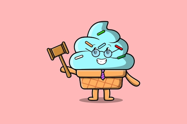 Vector leuke cartoon mascotte karakter wijs rechter ijs met een bril en een hamer vasthoudend