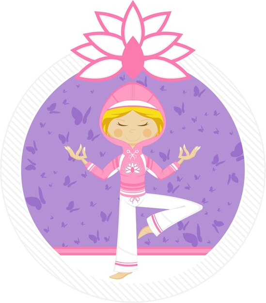 Vector leuke cartoon mediterende yoga meisje in hoodie illustratie