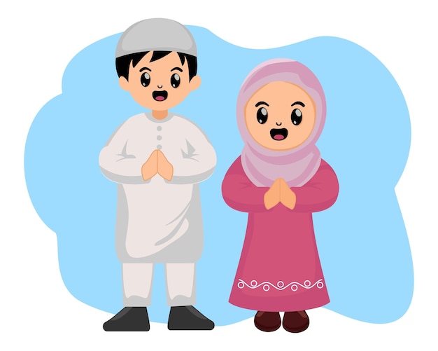 Vector leuke cartoon moslim kind koppel zeggen gelukkige begroeting ramadan