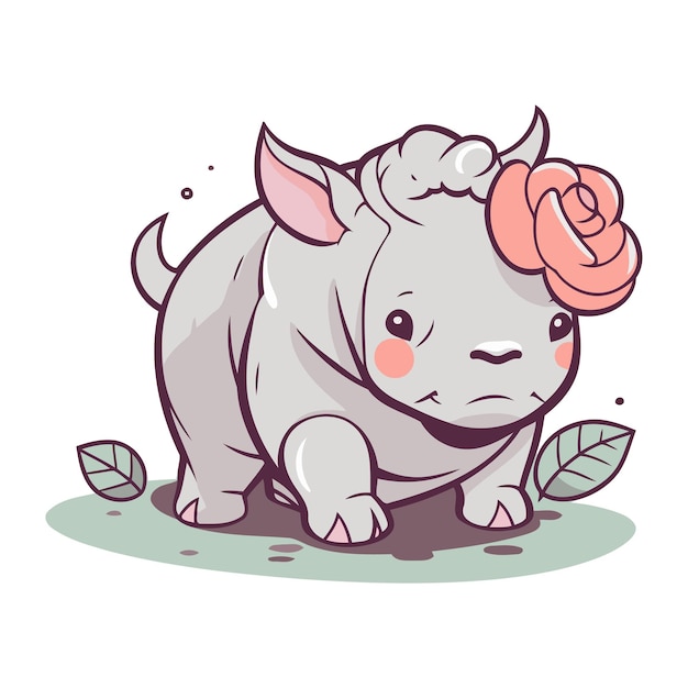 Leuke cartoon neushoorn met bloem Vector illustratie