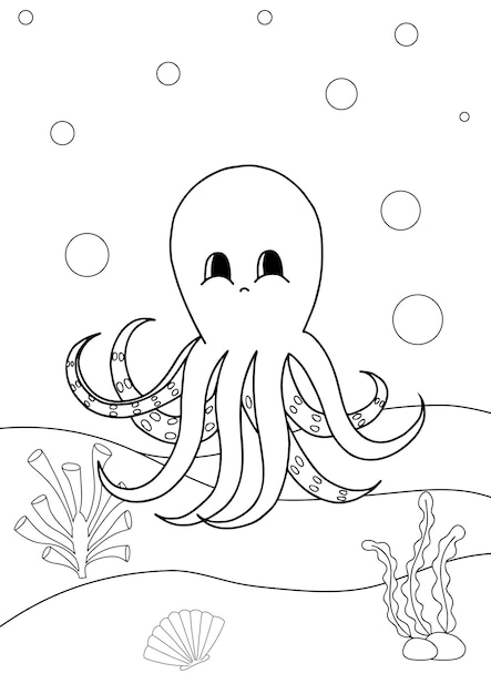 Leuke cartoon octopus Kleurboek of pagina voor kinderen Zeeleven