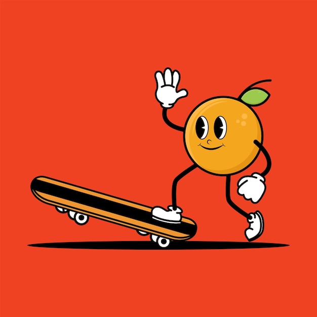 Leuke cartoon oranje mascotte karakter spelen skateboard mascotte vintage fruit illustratie concept