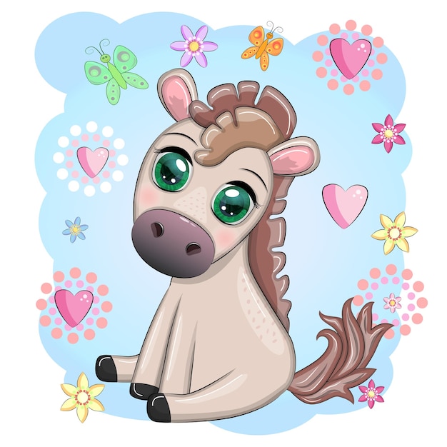 Leuke cartoon paard pony voor kaart met bloemen ballonnen hart