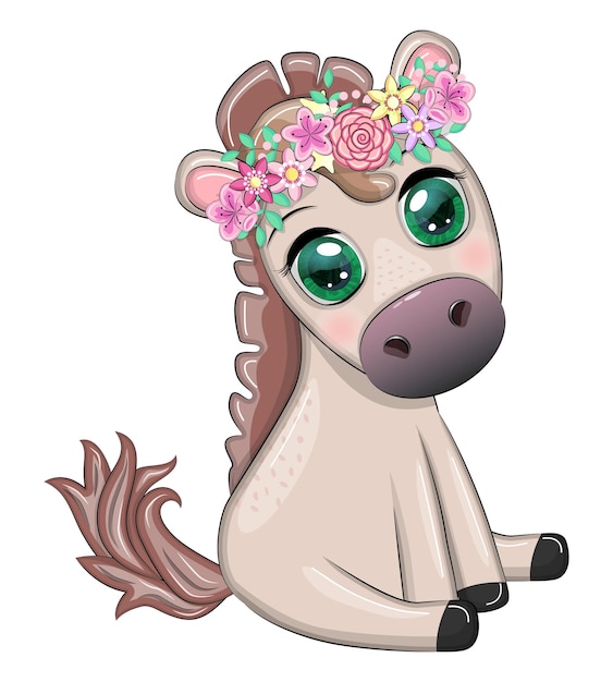 Leuke cartoon paard pony voor kaart met bloemen ballonnen hart