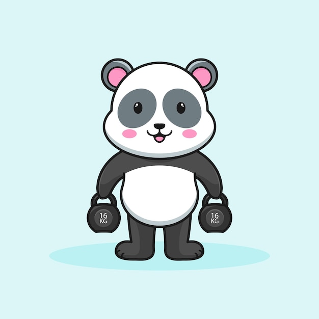 Vector leuke cartoon pandabeer op een fitnessreis met kettlebells