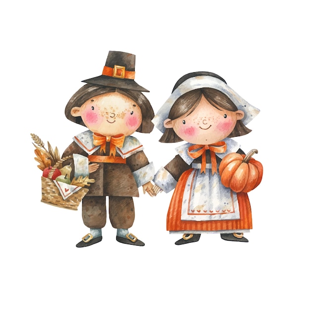 Vector leuke, cartoon pelgrims met herfst geschenken aquarel illustratie. thanksgiving day kinderen pelgrim