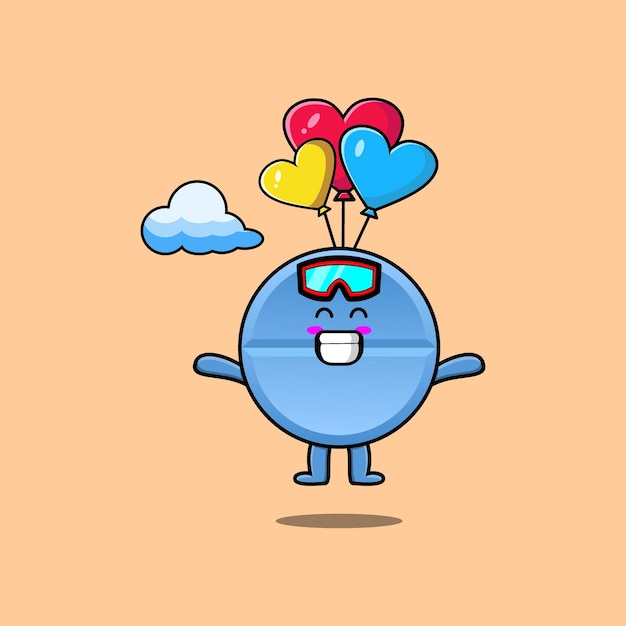 Leuke cartoon Pill-medicijnmascotte is parachutespringen met ballon en gelukkig gebaar in moderne stijl