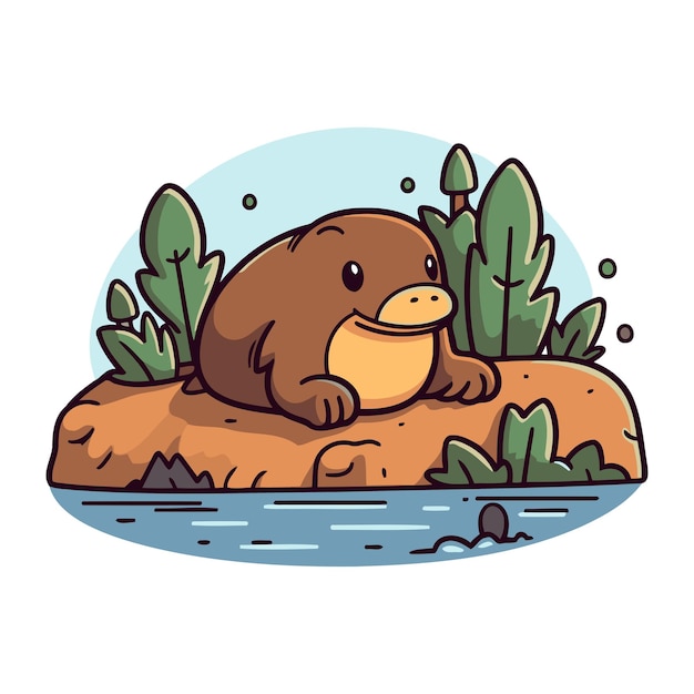 Leuke cartoon platypus zit op de rots Vector illustratie